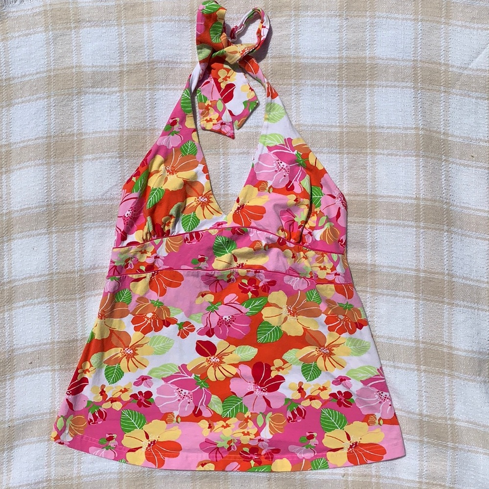 Tropical Hibiscus Print Halter Neck Tank Top